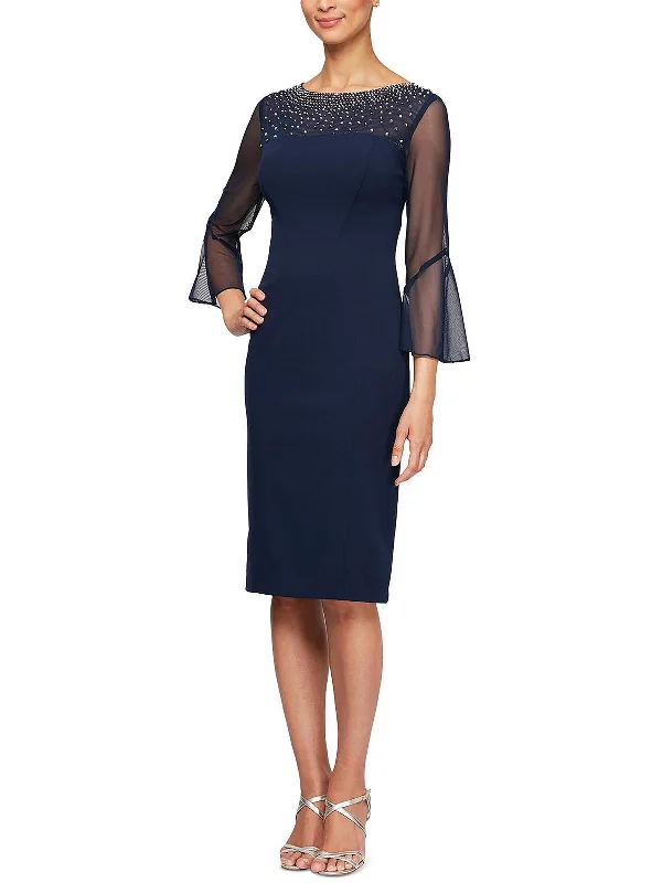 Petites Womens Embellished Knee Cocktail and Party Dress Bodycon Fitted Nightout
