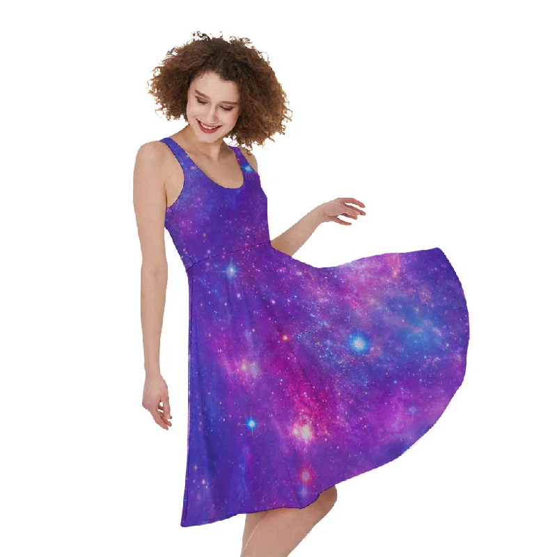 Purple Stardust Cloud Galaxy Space Print Sleeveless Knee Length Dress Tunics Vintage classic Purple Stardust Cloud Galaxy Space Print Sleeveless Knee Length Dress Tunics Vintage classic