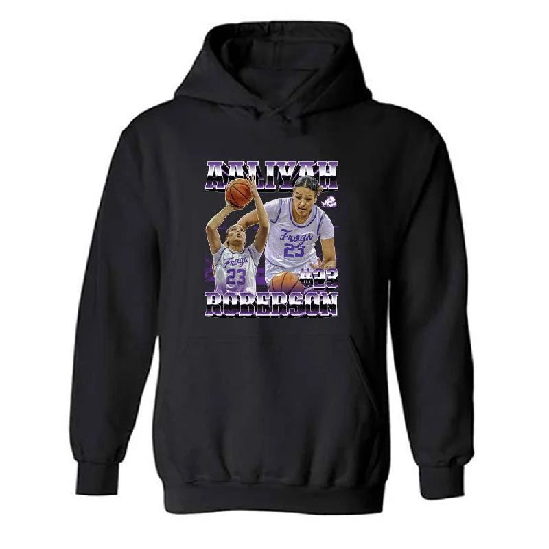 TCU - NCAA Women's Basketball : Aaliyah Roberson - Player Collage Hooded Sweatshirt Hoodie with Set-In Sleeves Structured Classic TCU - NCAA Women's Basketball : Aaliyah Roberson - Player Collage Hooded Sweatshirt Hoodie with Set-In Sleeves Structured Classic