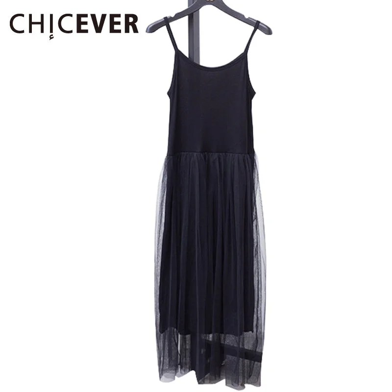 [CHICEVER]   Off Shoulder Summer Women Dress Female Loose Spaghetti Strap Mesh Ladies Party Dresses New Clothing Tunics Leisure comfortable