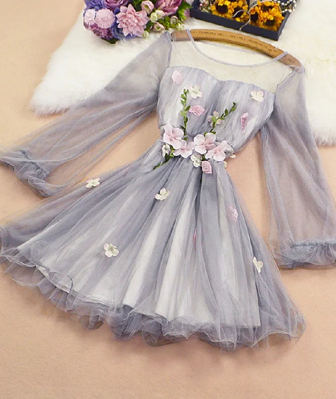 Mesh long sleeve tulle applique short dress party dress   S85 Pencil Length Work