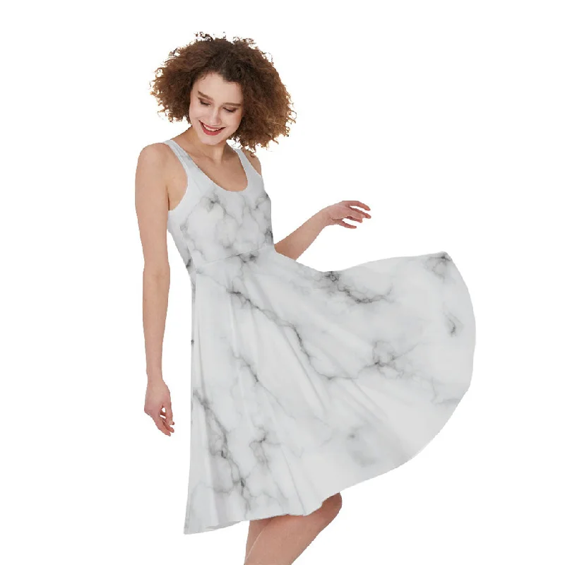 White Grey Smoke Marble Print Sleeveless Knee Length Dress Tunics Stylish elegant