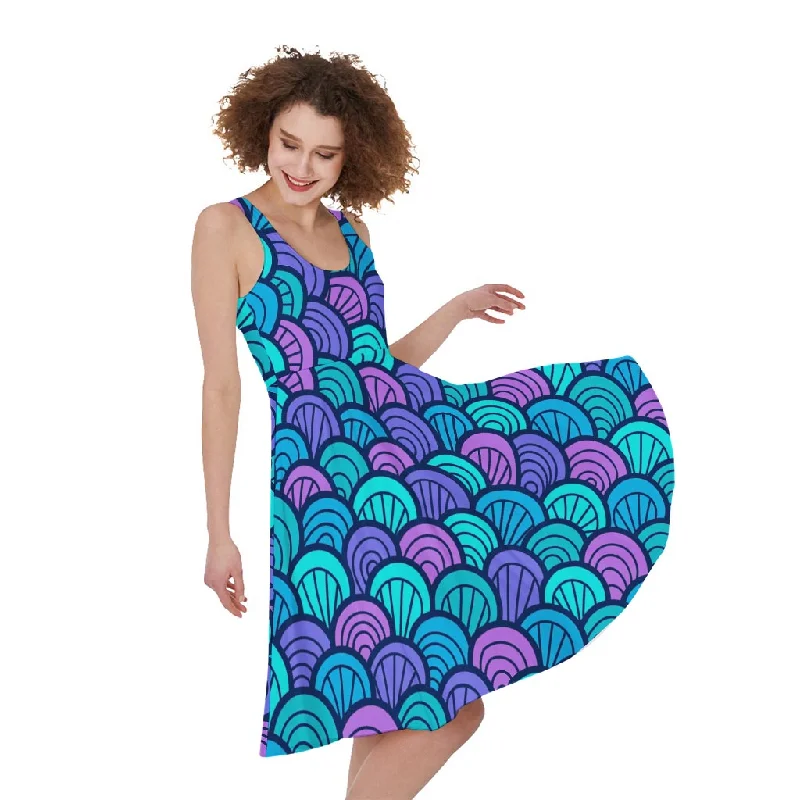 Teal Pink Mermaid Scales Pattern Print Sleeveless Knee Length Dress Tunics Occasion special Teal Pink Mermaid Scales Pattern Print Sleeveless Knee Length Dress Tunics Occasion special