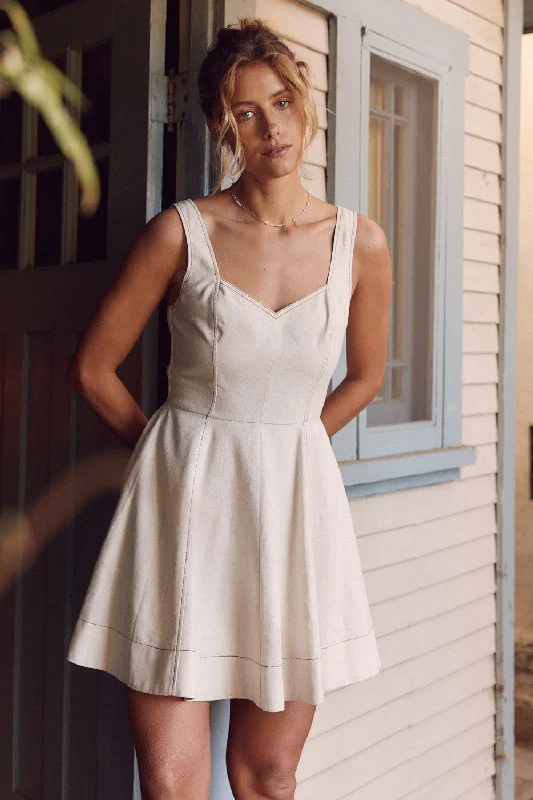 In February Fit & Flare Linen Mini Dress in Oatmeal Comfortable Ruffle Mini Dress