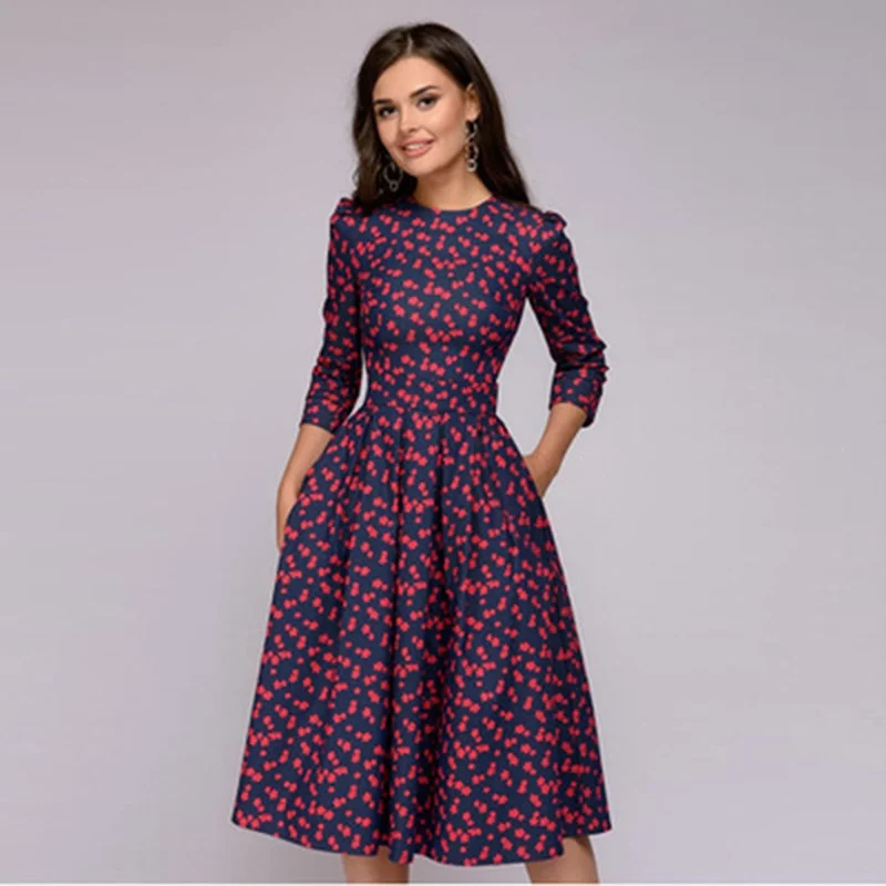 BerriesJam - Dot Print Three Quarter Sleeve A-line Date Party Dress Tunics Timeless classic BerriesJam - Dot Print Three Quarter Sleeve A-line Date Party Dress Tunics Timeless classic