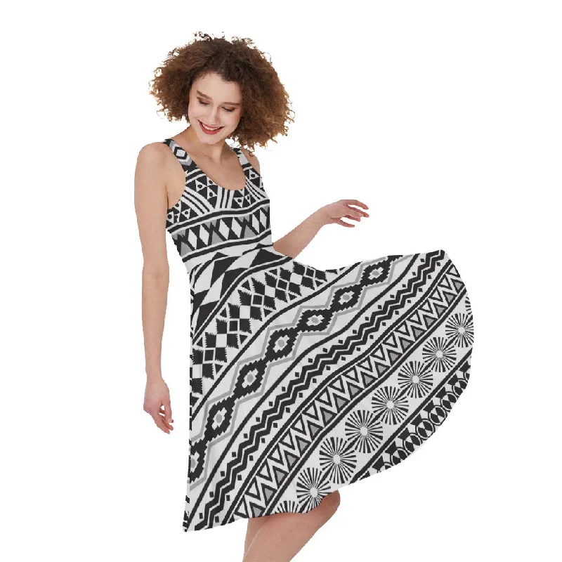 White And Grey Aztec Pattern Print Sleeveless Knee Length Dress Tunics Long Elegant