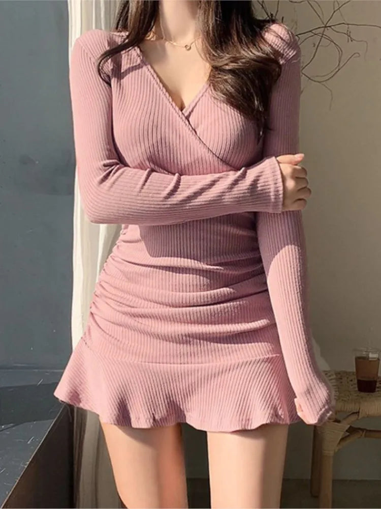 Black Mini Dress Knitted Ribbed V Neck Party Clothes Long Sleeve Ruffles Bodycon Evening Dresses For Women Spring Autumn Fashionable Mini Dress with Frills Black Mini Dress Knitted Ribbed V Neck Party Clothes Long Sleeve Ruffles Bodycon Evening Dresses For Women Spring Autumn Fashionable Mini Dress with Frills