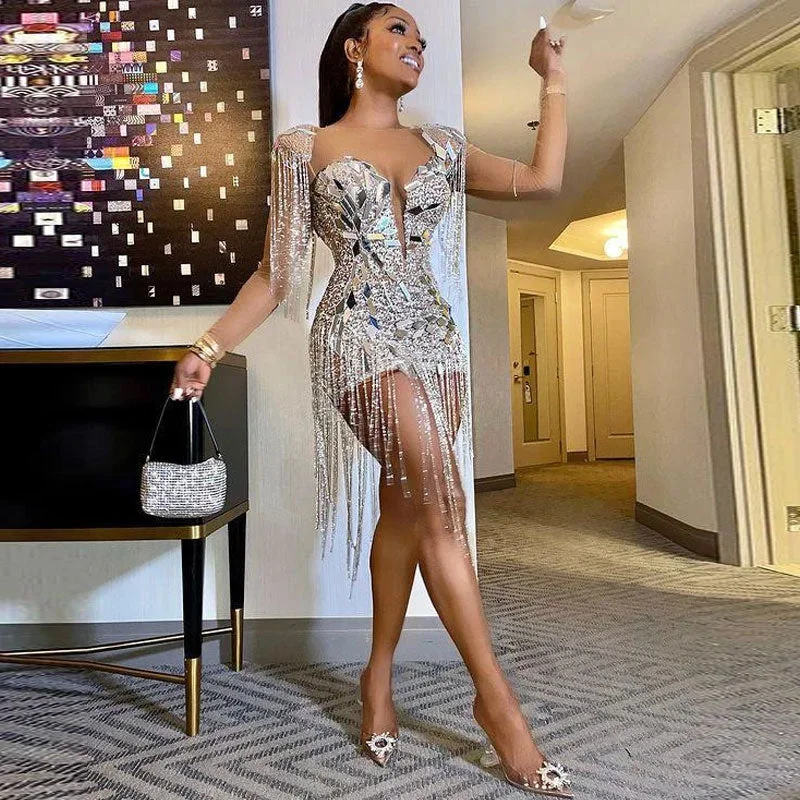 Luxury Crystal Fringe Padded Epaulet Mirror Sequin Mesh Panel Lurex Mini Party Dress Square Neckline Feminine Luxury Crystal Fringe Padded Epaulet Mirror Sequin Mesh Panel Lurex Mini Party Dress Square Neckline Feminine