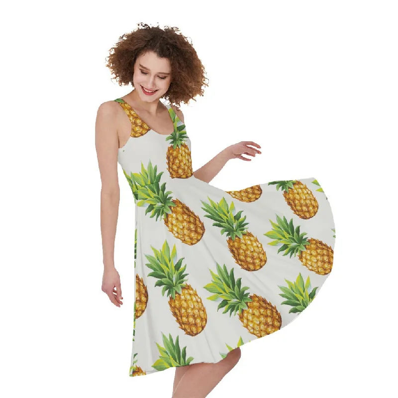 White Pineapple Pattern Print Sleeveless Knee Length Dress Tunics Favorite customer