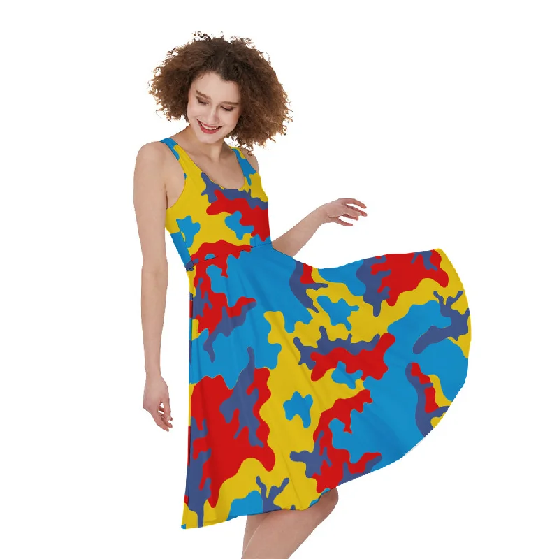 Red Yellow And Blue Camouflage Print Sleeveless Knee Length Dress Tunics Stylish elegant Red Yellow And Blue Camouflage Print Sleeveless Knee Length Dress Tunics Stylish elegant