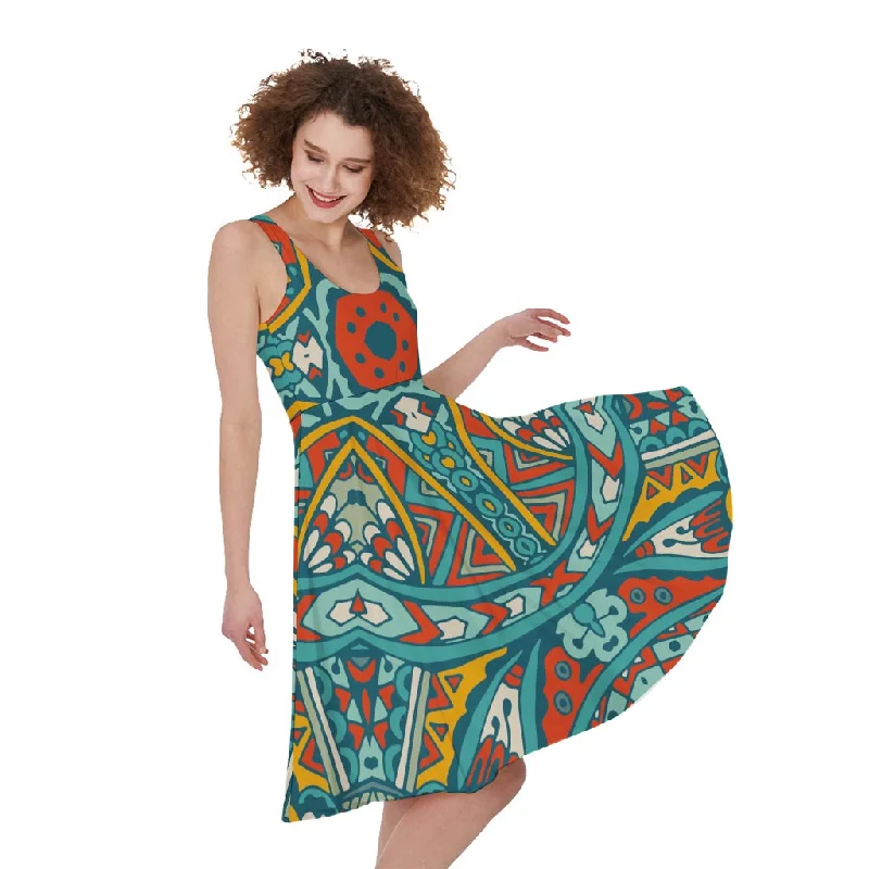 Teal Bohemian Mandala Pattern Print Sleeveless Knee Length Dress Tunics Bestseller popular Teal Bohemian Mandala Pattern Print Sleeveless Knee Length Dress Tunics Bestseller popular