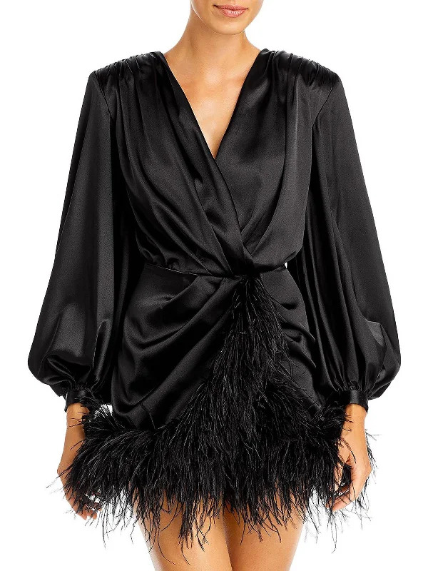 Farah Womens Satin Feathers Cocktail and Party Dress Tunics Yoga stretchy