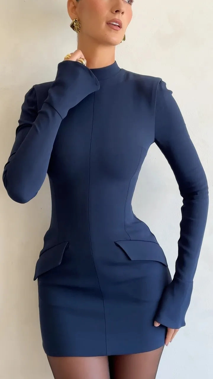 Women Elegant Dark Blue Commuting Mini Dress Autumn Sexy Pocket Long Sleeve Bodycon Dresses Lady Chic Party Club Robe Cozy Long Sleeve Mini Dress Women Elegant Dark Blue Commuting Mini Dress Autumn Sexy Pocket Long Sleeve Bodycon Dresses Lady Chic Party Club Robe Cozy Long Sleeve Mini Dress