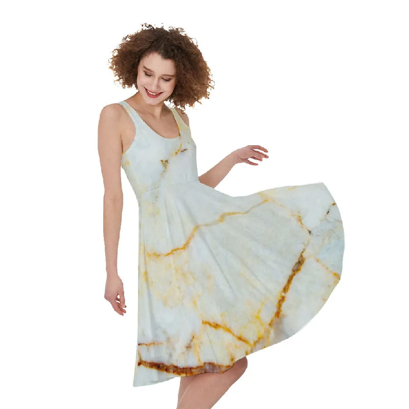 Natural Gold Marble Print Sleeveless Knee Length Dress Tunics Luxurious high-end