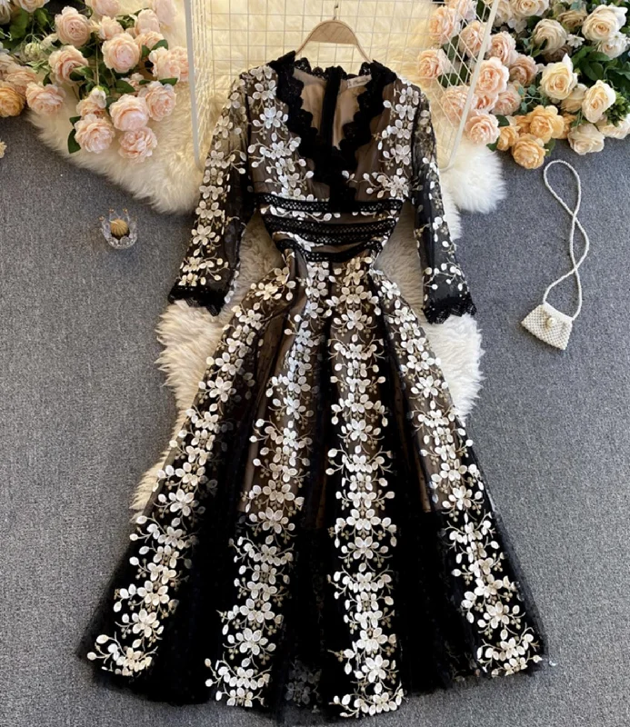 Black v neck lace dress A line party dress   S117 Peplum Ruffle Cocktail