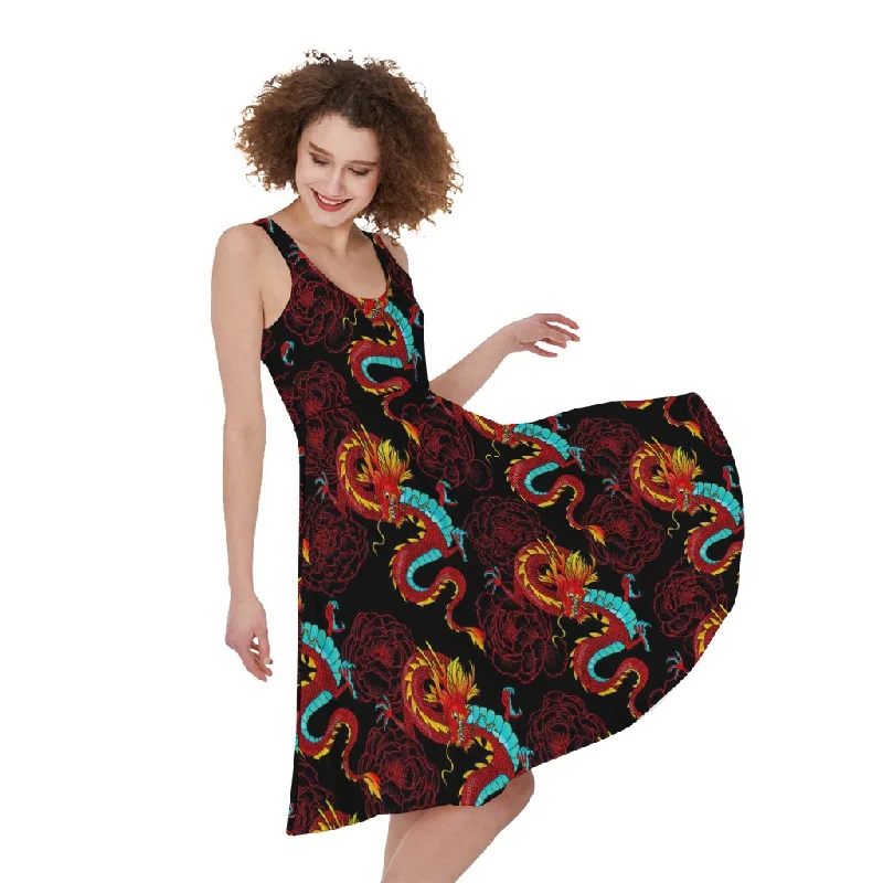 Red Dragon Lotus Pattern Print Sleeveless Knee Length Dress Turtleneck Neckline Stylish