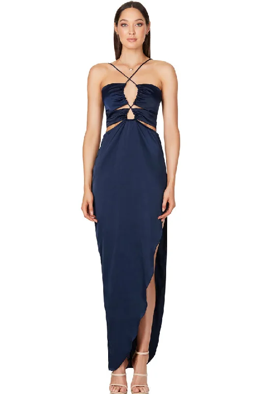 Silky Satin Cross Front Cutout Slit Cocktail Party Dress - Navy Blue Boatneck Modish Everyday