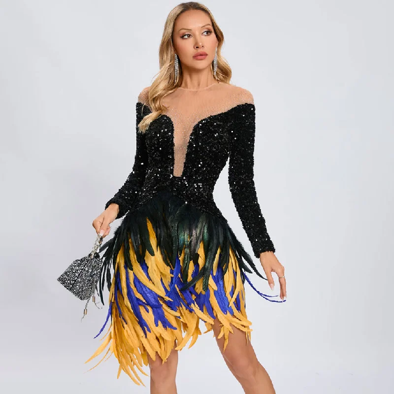 Festive Crystal Mesh Panel Sequin Velvet Faux Feather Mini Party Dress Tunics Satin smooth