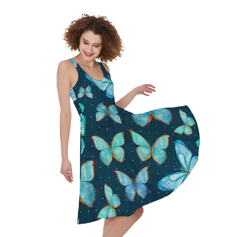Watercolor Blue Butterfly Pattern Print Sleeveless Knee Length Dress Tunics Business professional Watercolor Blue Butterfly Pattern Print Sleeveless Knee Length Dress Tunics Business professional
