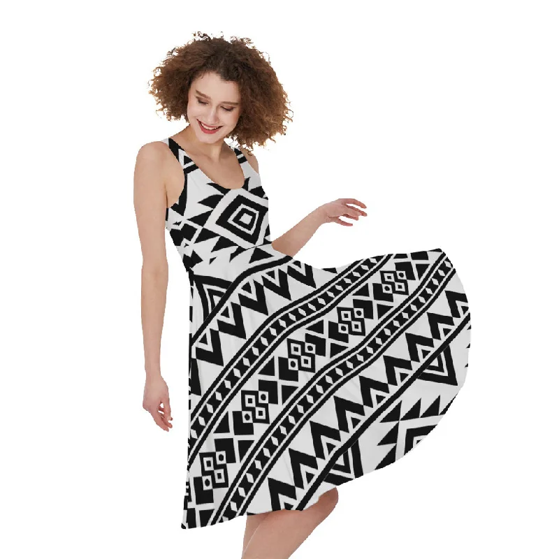 White And Black Aztec Pattern Print Sleeveless Knee Length Dress Tunics stripes playful White And Black Aztec Pattern Print Sleeveless Knee Length Dress Tunics stripes playful