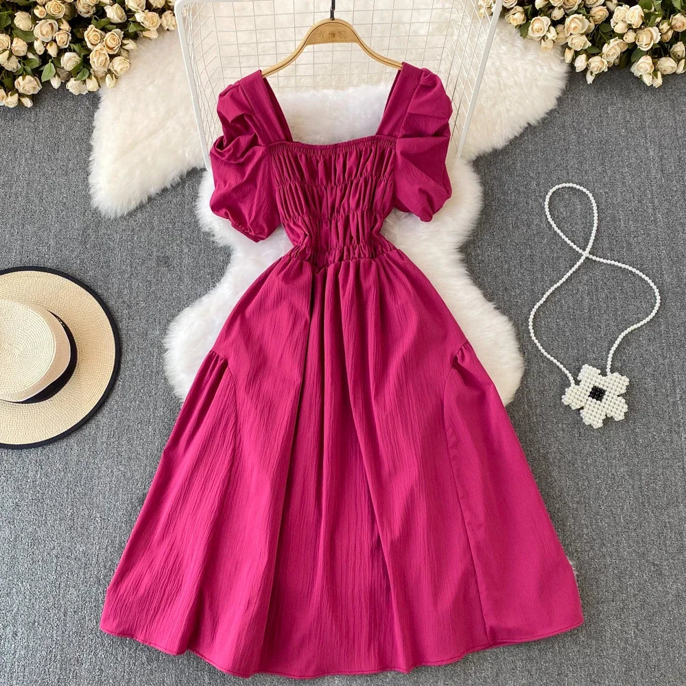 2024 New Summer Y2K Vintage Women Dress Elegant Puff Sleeve Big Swing Party Dress Korean Fashion Lady Outfits Vestidos Pencil Length Work