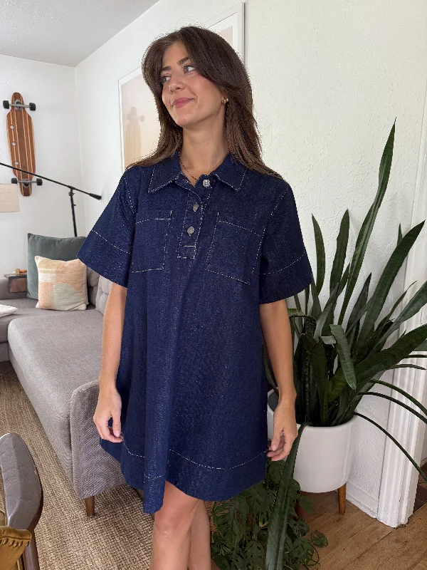 Kennedy Dark Denim Collared Babydoll Mini Dress (L) Cozy Satin Mini Dress