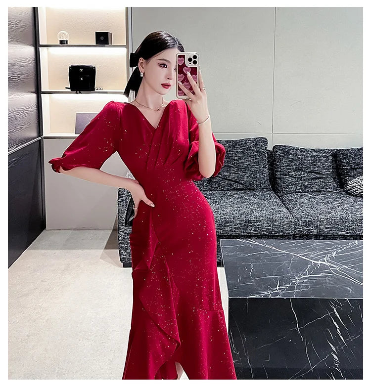 Zjkrl - Elegant Midi Red Mermaid Dress Women Autumn Korean Sexy V-neck Irregular Sequins Dress Vintage Casual Evening Party Dress Tunics Bestseller popular Zjkrl - Elegant Midi Red Mermaid Dress Women Autumn Korean Sexy V-neck Irregular Sequins Dress Vintage Casual Evening Party Dress Tunics Bestseller popular