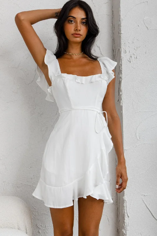 Thinkin' Bout You Ruffle Trim Waist-Tie Dress White Tunics Fashionable chic