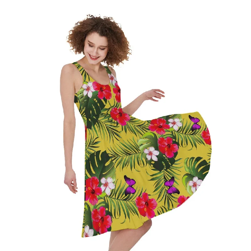 Tropical Exotic Hawaiian Pattern Print Sleeveless Knee Length Dress Halter Neckline Beach Tropical Exotic Hawaiian Pattern Print Sleeveless Knee Length Dress Halter Neckline Beach
