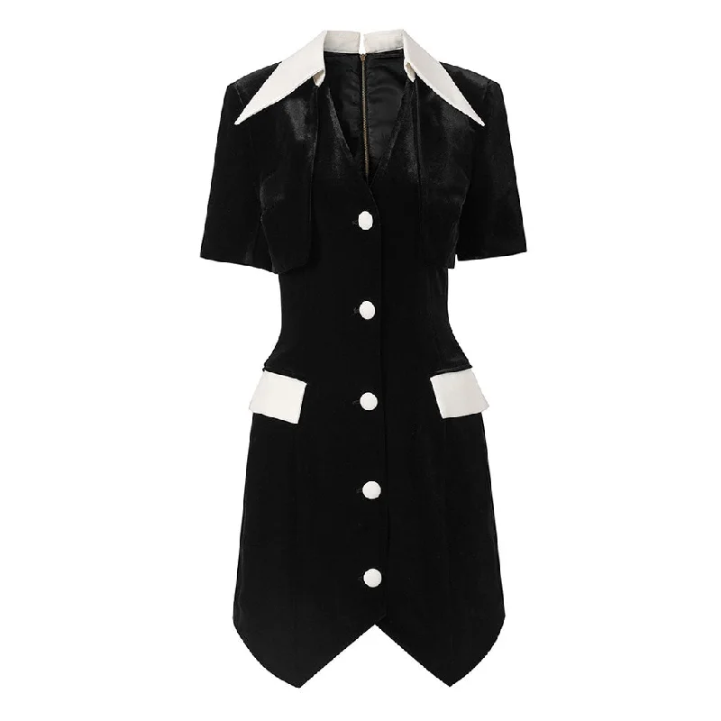 OL Pointed Collar Strong Shoulder Button Down Tuxedo Hem Mini Party Dress Tunics Summer linen