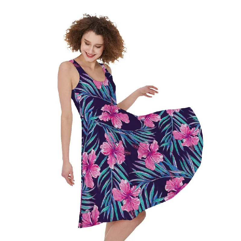 Teal Tropical Hibiscus Pattern Print Sleeveless Knee Length Dress Tunics Gym athletic Teal Tropical Hibiscus Pattern Print Sleeveless Knee Length Dress Tunics Gym athletic