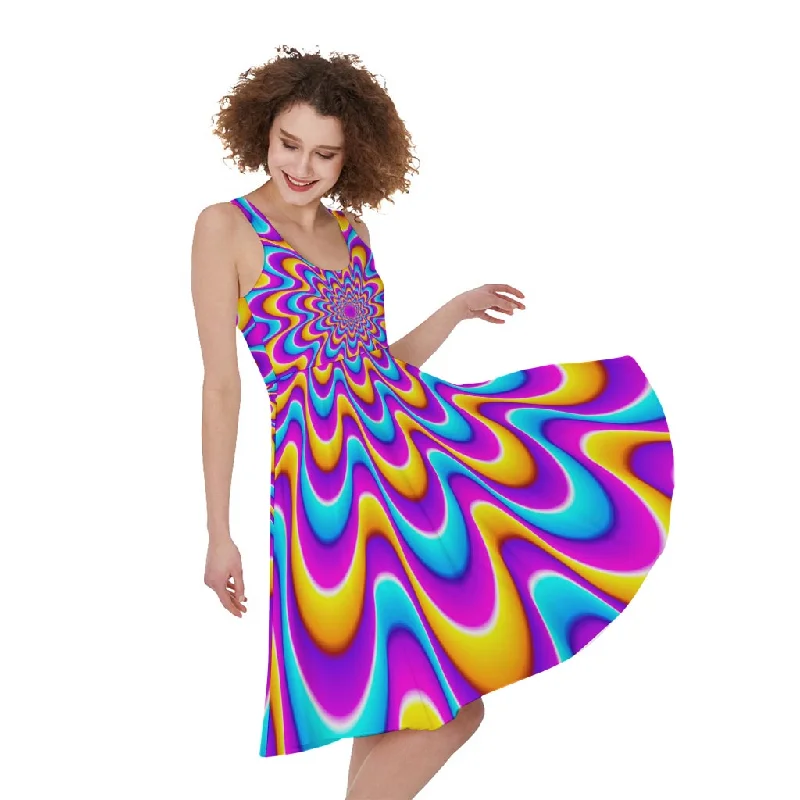 Splashing Colors Moving Optical Illusion Sleeveless Knee Length Dress Crew Neckline Sporty Splashing Colors Moving Optical Illusion Sleeveless Knee Length Dress Crew Neckline Sporty