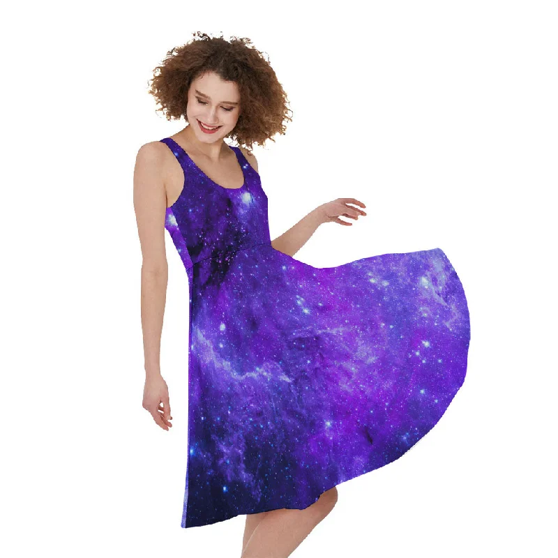 Purple Stars Nebula Galaxy Space Print Sleeveless Knee Length Dress Tunics Occasion special Purple Stars Nebula Galaxy Space Print Sleeveless Knee Length Dress Tunics Occasion special