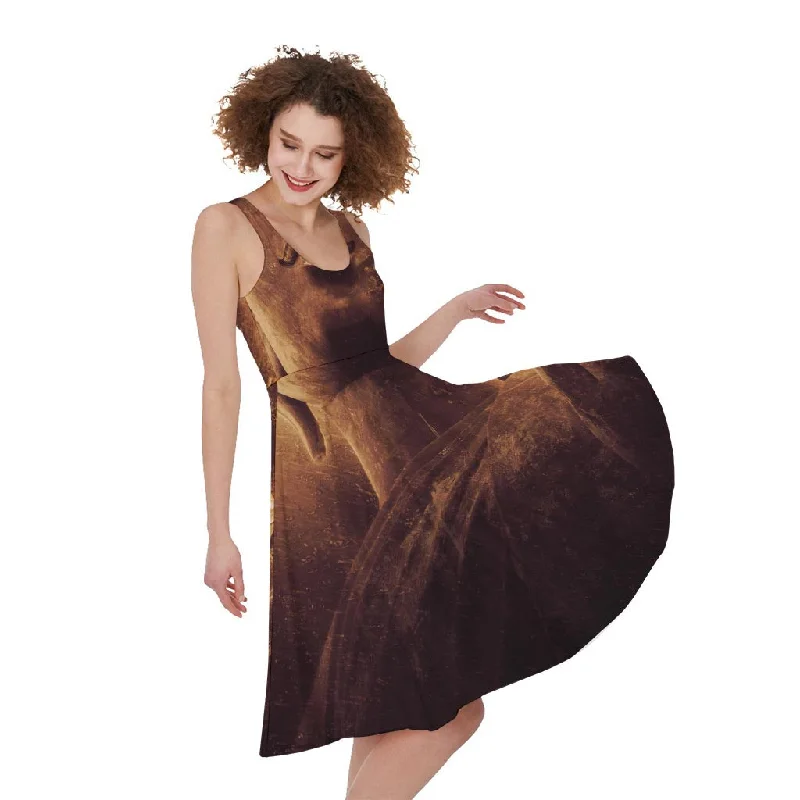 Vintage Buddha Statue Print Sleeveless Knee Length Dress Bodycon Club Sequined