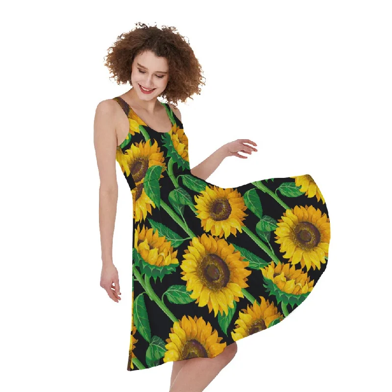 Sunflower Pattern Print Sleeveless Knee Length Dress Tunics Luxurious high-end