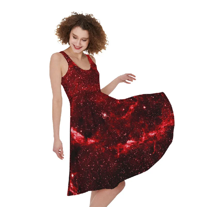 Red Stardust Universe Galaxy Space Print Sleeveless Knee Length Dress Tunics Versatile functional Red Stardust Universe Galaxy Space Print Sleeveless Knee Length Dress Tunics Versatile functional