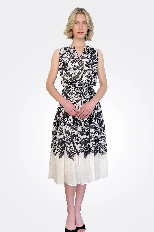 Tie Waist Dress - Black Cream Tunics Stylish modern