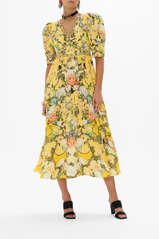 PUFF SLEEVE LONG DRESS WITH HARDWARE PATHS OF GOLD Tunics Spring floral