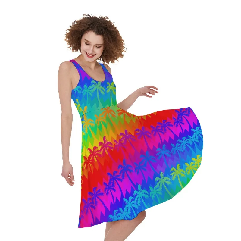 Rainbow Palm Tree Pattern Print Sleeveless Knee Length Dress Tunics Corduroy durable Rainbow Palm Tree Pattern Print Sleeveless Knee Length Dress Tunics Corduroy durable