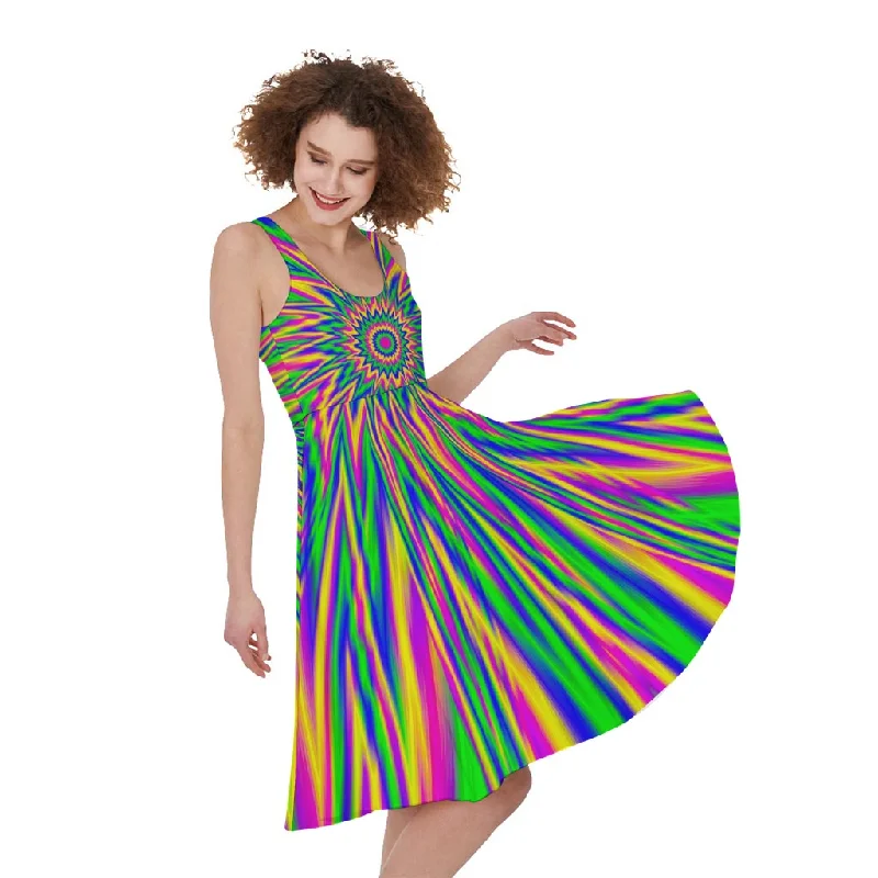 Vibrant Psychedelic Optical Illusion Sleeveless Knee Length Dress Square Neckline Feminine Vibrant Psychedelic Optical Illusion Sleeveless Knee Length Dress Square Neckline Feminine