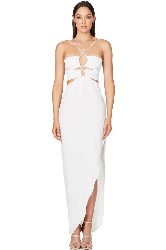 Silky Satin Cross Front Cutout Slit Cocktail Party Dress - White Turtleneck Warm Winter