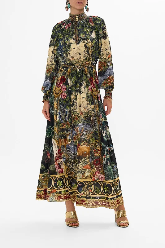 DRAWCORD WAIST LONG DRESS TAPESTRY TOTEMS Cowl Neckline Elegant