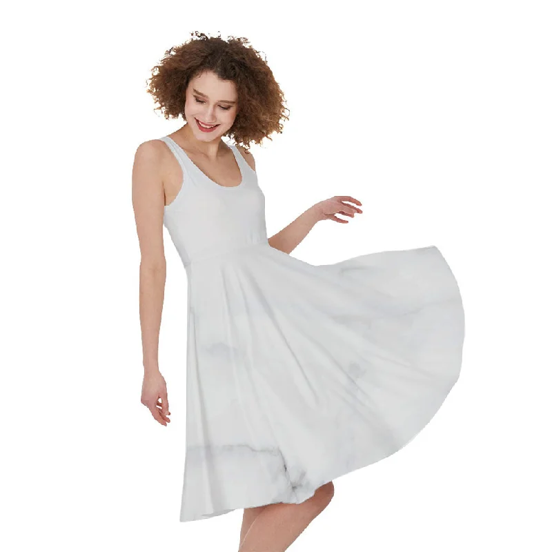 White Marble Print Sleeveless Knee Length Dress Tunics Chic fashionable