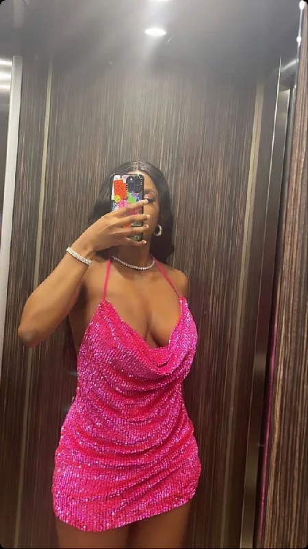 Pink sequin cowl neck mini dress sexy homecoming dress Y66 Trendy Floral Mini Dress