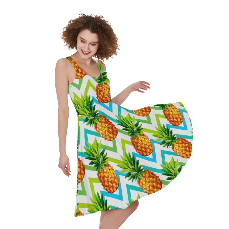Teal Zig Zag Pineapple Pattern Print Sleeveless Knee Length Dress Tunics Velvet soft Teal Zig Zag Pineapple Pattern Print Sleeveless Knee Length Dress Tunics Velvet soft