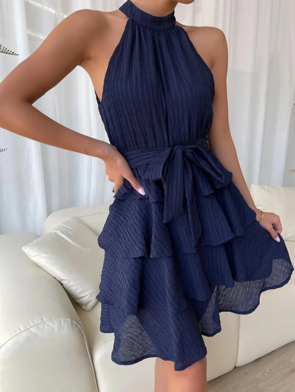 Sleeveless Ruffled Party Dress Satin Halter Glamorous