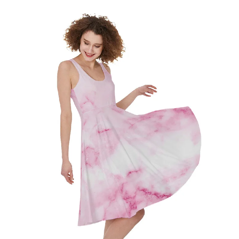 White Pink Marble Print Sleeveless Knee Length Dress Tunics Top rated