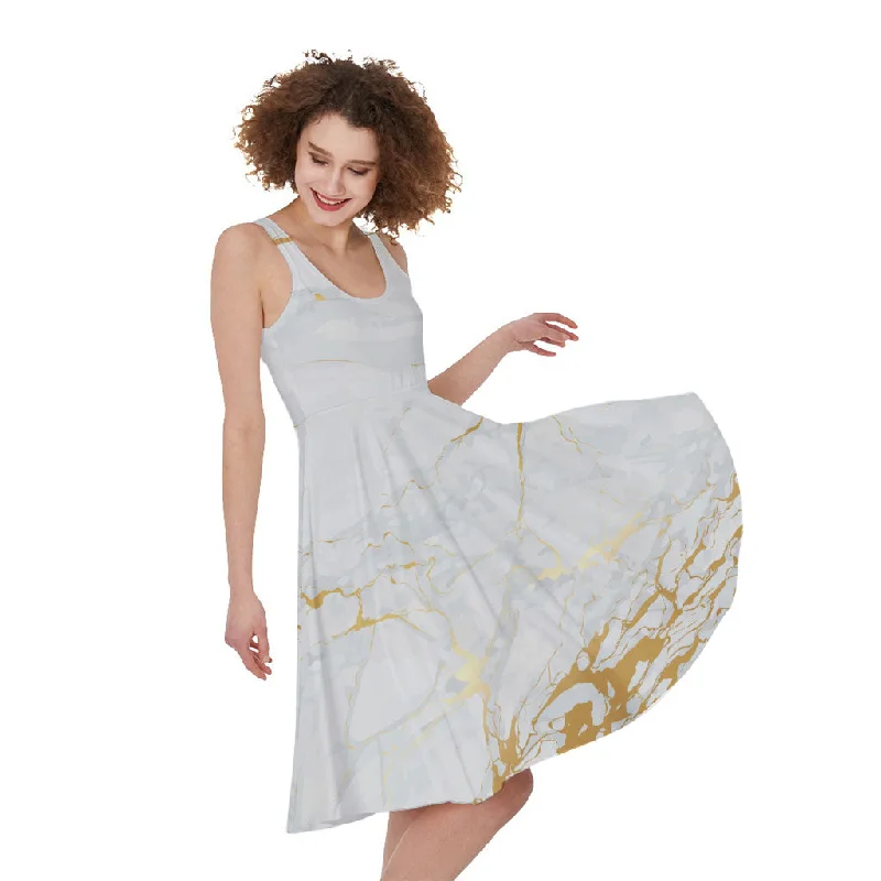 White Gold Scratch Marble Print Sleeveless Knee Length Dress Tunics Sophisticated sleek