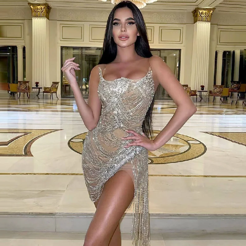 Sparkly Crystal Chain Linked Tassel Detail Sweetheart Bodycon Mini Party Dress Pleated Skirt Elegant