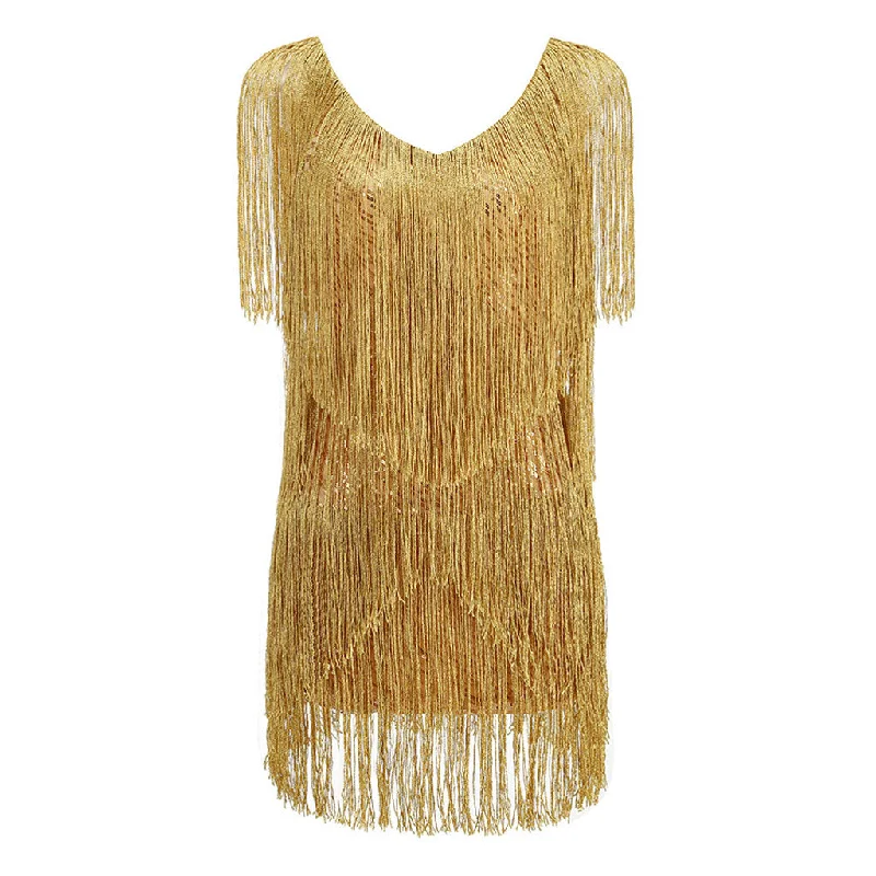 Shimmering Sequined V Neck Layered Fringe Sleeveless Mini Dance Party Dress Crew Neckline Sporty